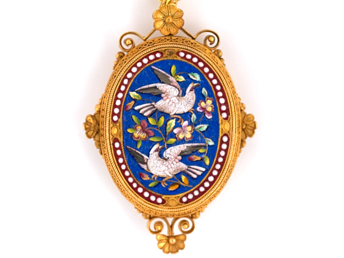 43990 - Victorian Etruscan Revival Gold Micro Mosaic Floral Bird Scroll Locket Pendant