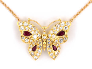 43997 - SOLD - Gold Diamond Ruby French Butterfly Pendant Necklace