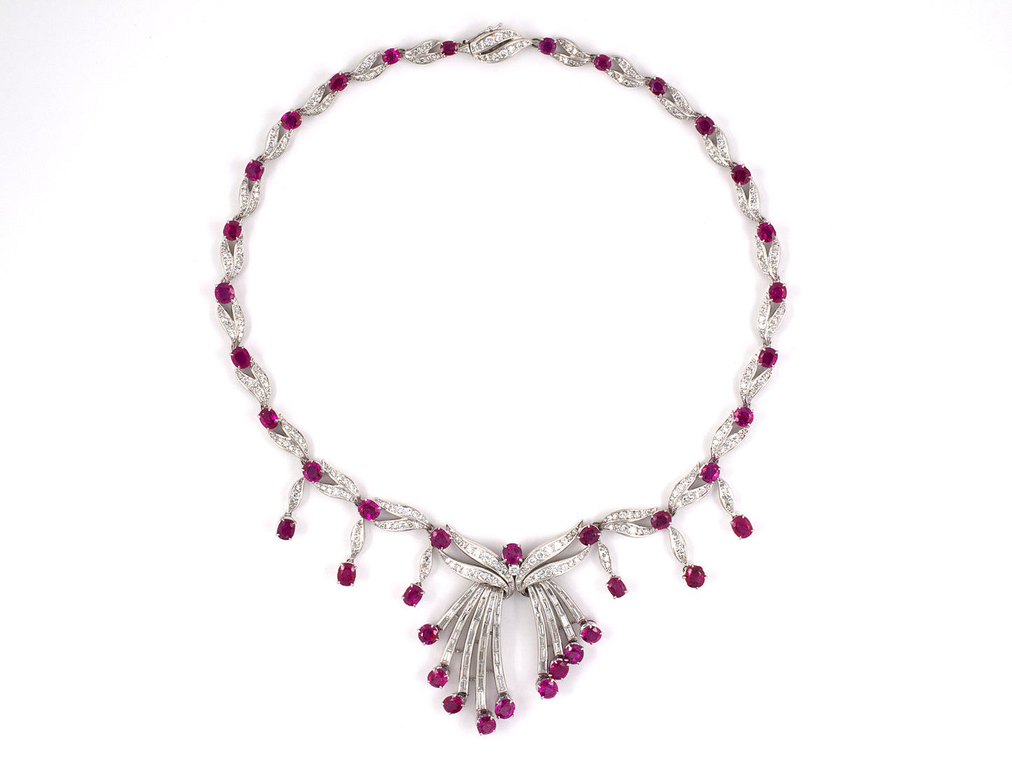 44026 - Circa1950 Platinum Diamond GIA Ruby Sapphire Festoon Necklace