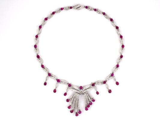44026 - Circa1950 Platinum Diamond GIA Ruby Sapphire Festoon Necklace