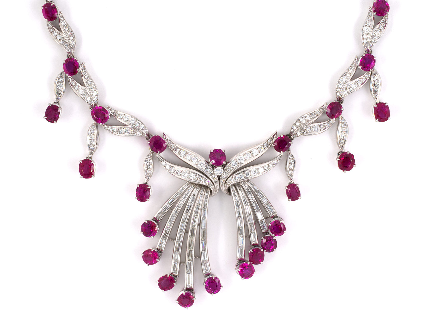 44026 - Circa1950 Platinum Diamond GIA Ruby Sapphire Festoon Necklace