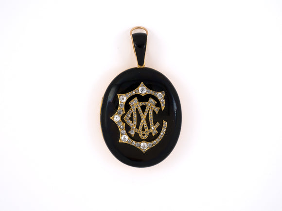 44278 - SOLD - Circa 1876 Victorian Hunt & Roskell Gold Diamond Rose Cut Diamond Black Enamel Locket Pendant