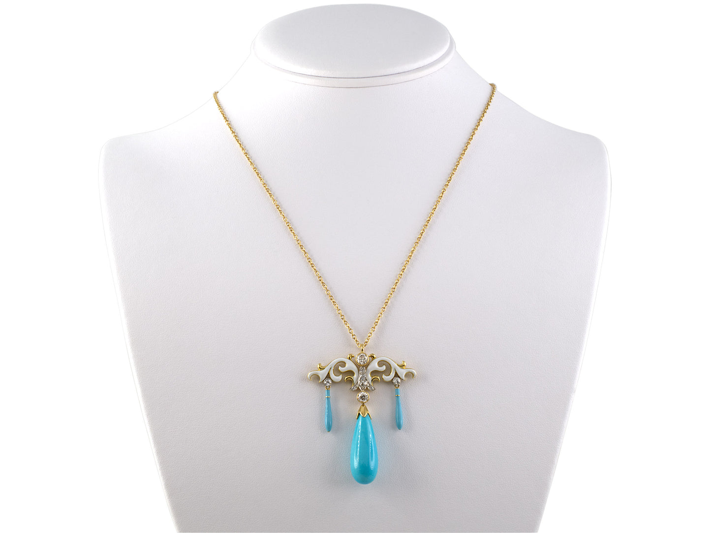 45000 - Gold Platinum Diamond Turquoise Enamel Drop Dangle Pendant Necklace