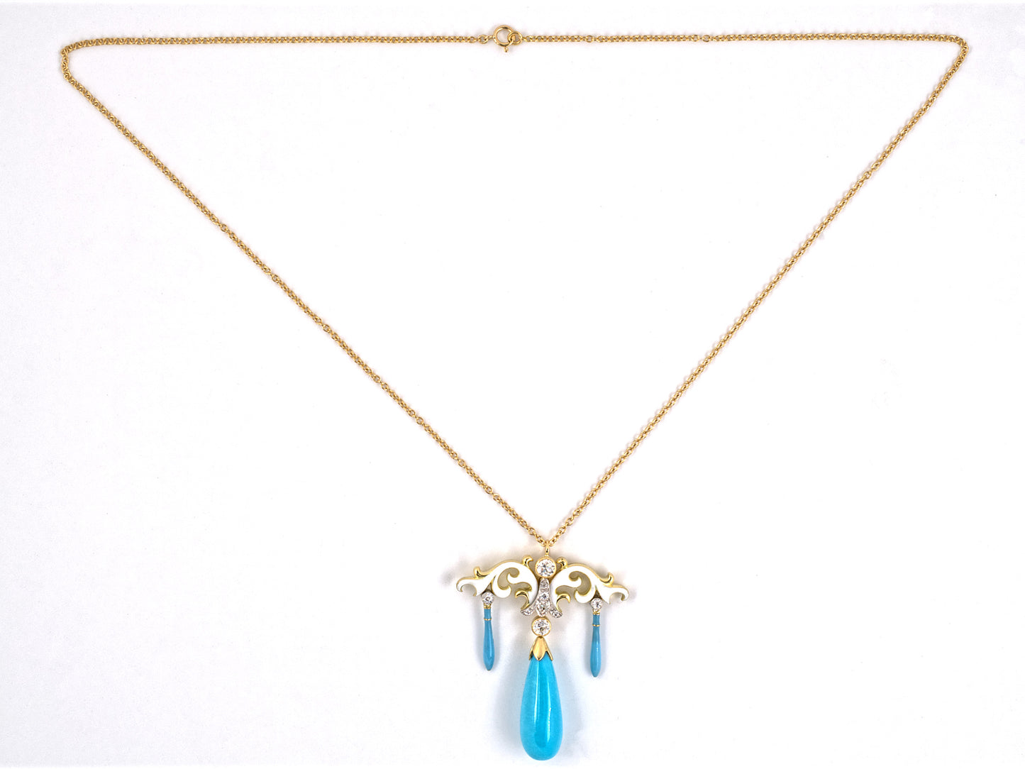 45000 - Gold Platinum Diamond Turquoise Enamel Drop Dangle Pendant Necklace