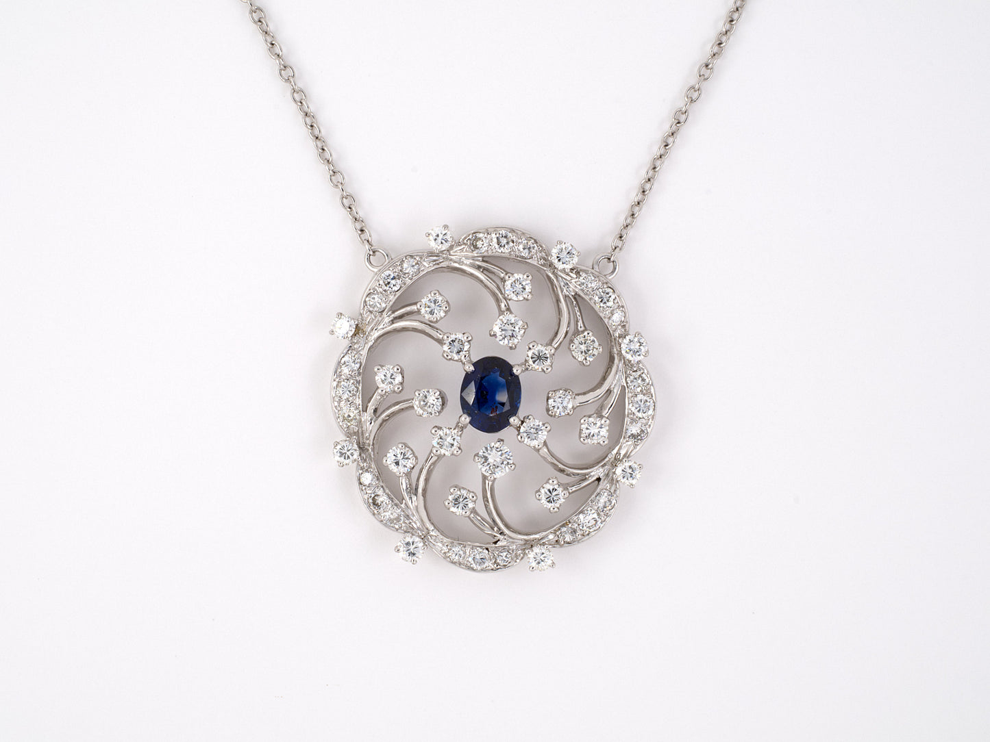 45009 - Platinum Diamond Sapphire Floral Swirl Pendant Necklace