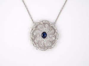 45009 - Platinum Diamond Sapphire Floral Swirl Pendant Necklace