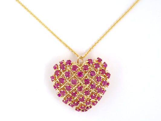 45029 - Circa 1970 Tiffany Gold Ruby Heart Pin Pendant Necklace