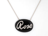 45033 - Circa 1950 Palladium Onyx Diamond Rose Nameplate Pendant Necklace