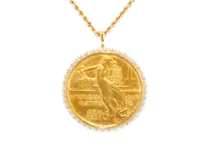 45080 - Art Nouveau  C. Beach Gold Diamond Beal Medal Pendant Necklace