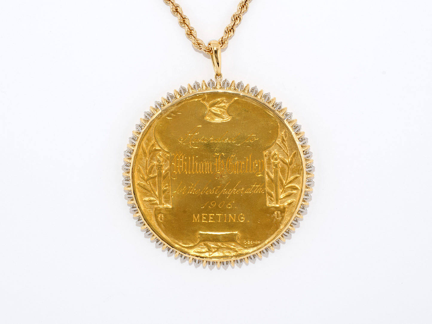 45080 - Art Nouveau  C. Beach Gold Diamond Beal Medal Pendant Necklace