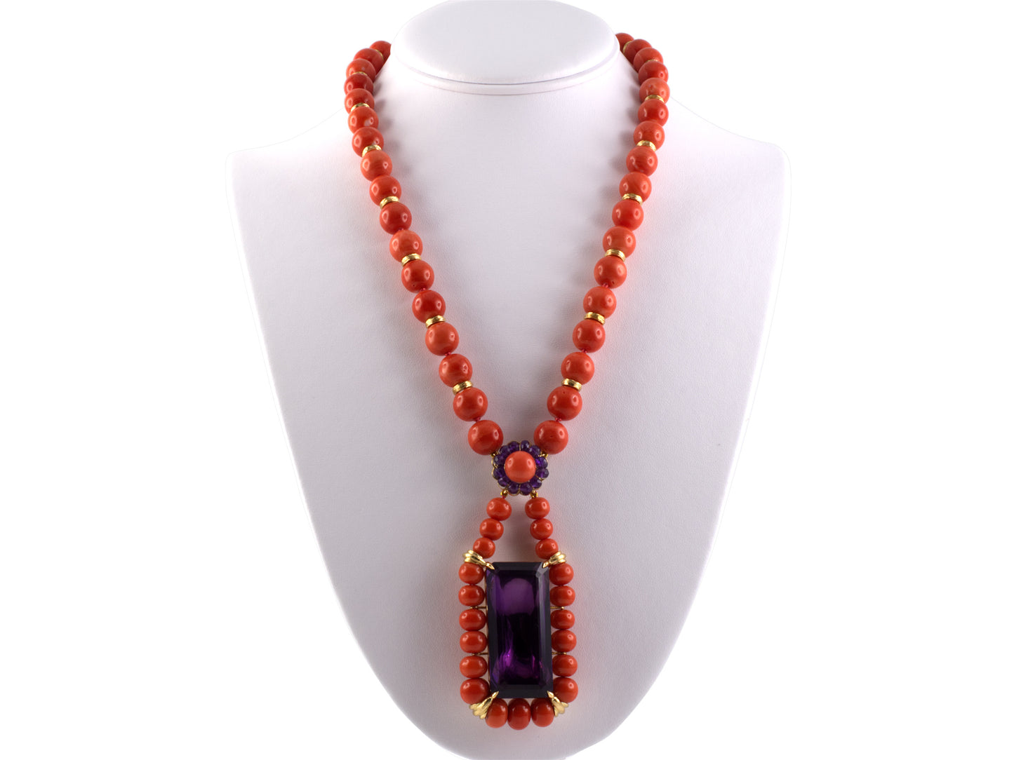 45092 - SOLD - Gold Coral Amethyst Cluster Drop Necklace