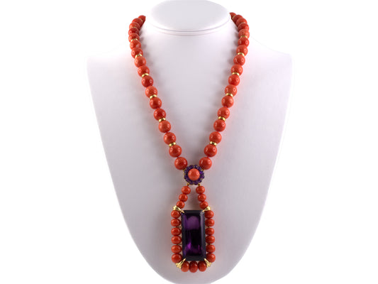 45092 - SOLD - Gold Coral Amethyst Cluster Drop Necklace