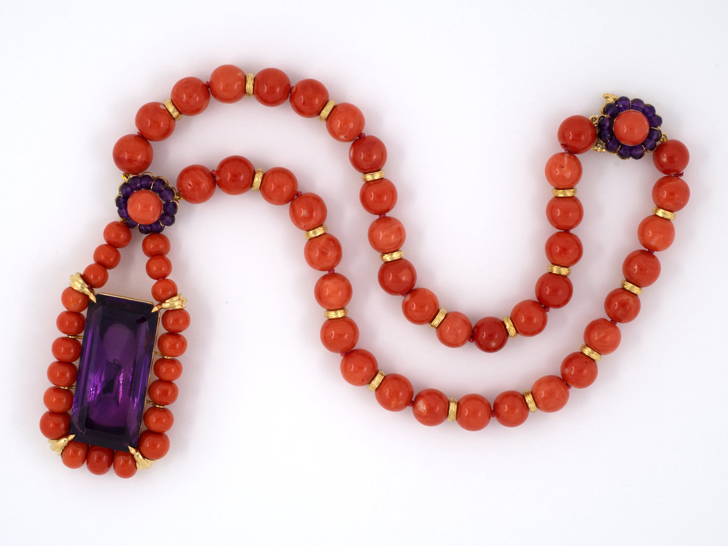 45092 - SOLD - Gold Coral Amethyst Cluster Drop Necklace