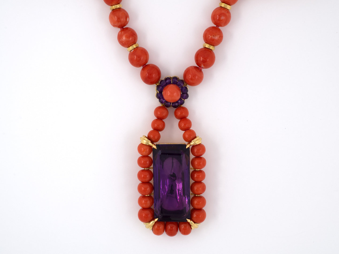 45092 - SOLD - Gold Coral Amethyst Cluster Drop Necklace