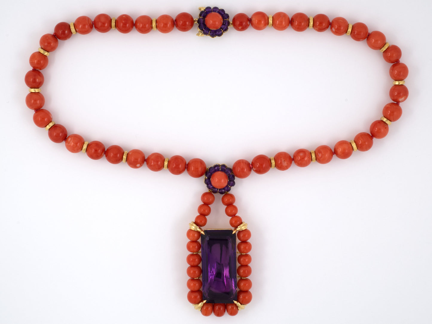 45092 - SOLD - Gold Coral Amethyst Cluster Drop Necklace