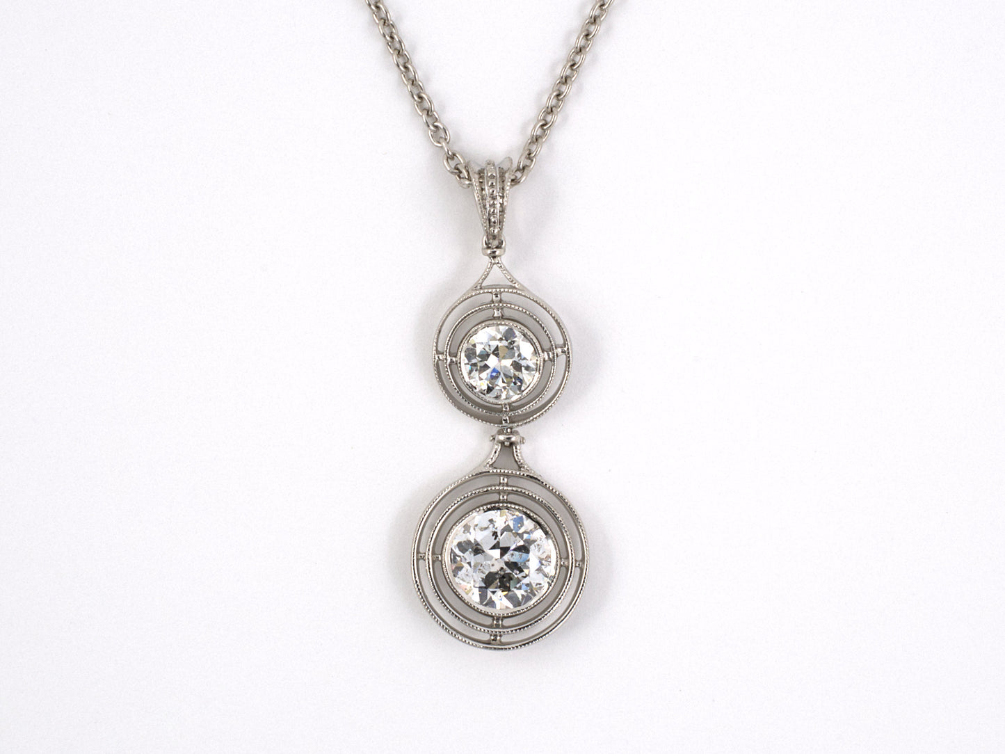 45095 - Platinum Diamond 2-Stone Drop Pendant Necklace