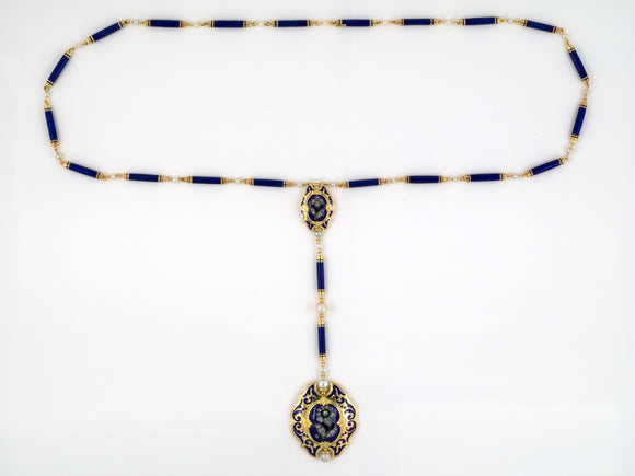 45098 - Victorian Gold Silver Diamond Pearl Blue Enamel Sautoir Necklace