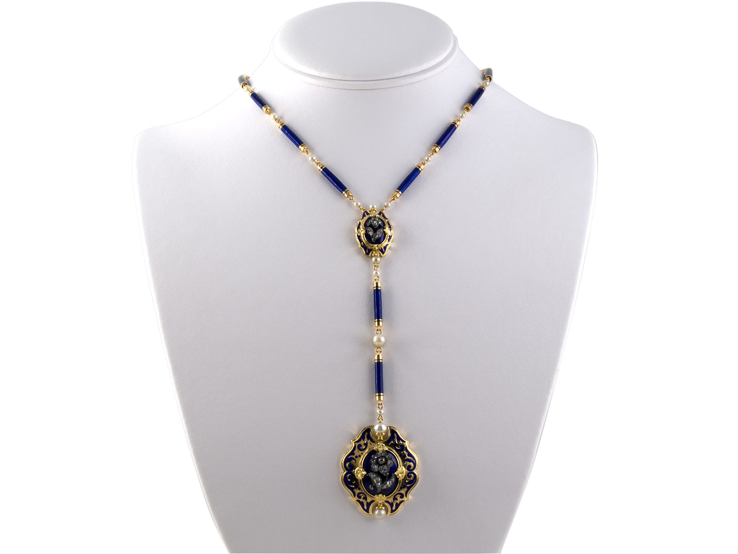 45098 - Victorian Gold Silver Diamond Pearl Blue Enamel Sautoir Necklace