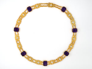 45103 - Art Nouveau Gold Amethyst Diamond Carved Knot Link Necklace