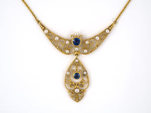 45105 - SOLD - Art Nouveau Krementz Gold Sapphire Pearl Drop Dangle Necklace