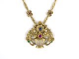 45116 - Art Nouveau Gold Diamond Ruby Sapphire Emerald Floral Basket Necklace