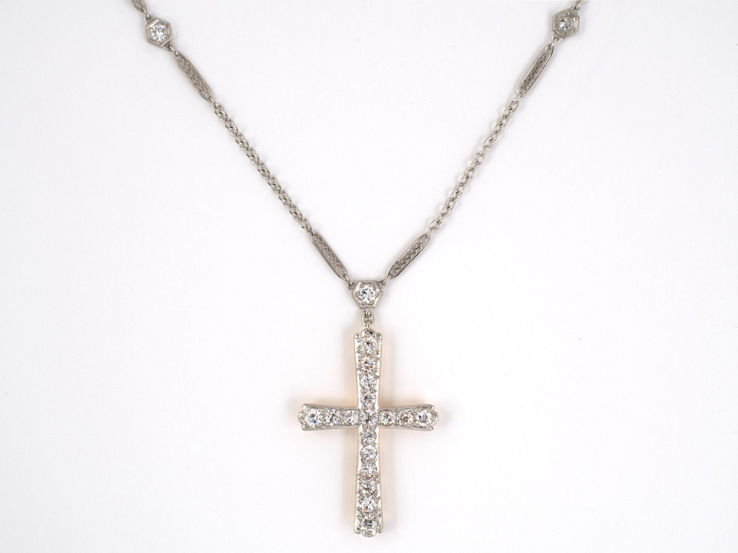45118 - SOLD - Edwardian Platinum Gold Diamond Cross Pedant Necklace