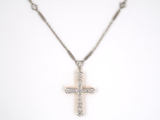 45118 - SOLD - Edwardian Platinum Gold Diamond Cross Pedant Necklace