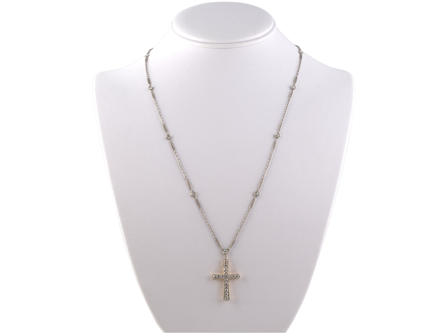 45118 - SOLD - Edwardian Platinum Gold Diamond Cross Pedant Necklace
