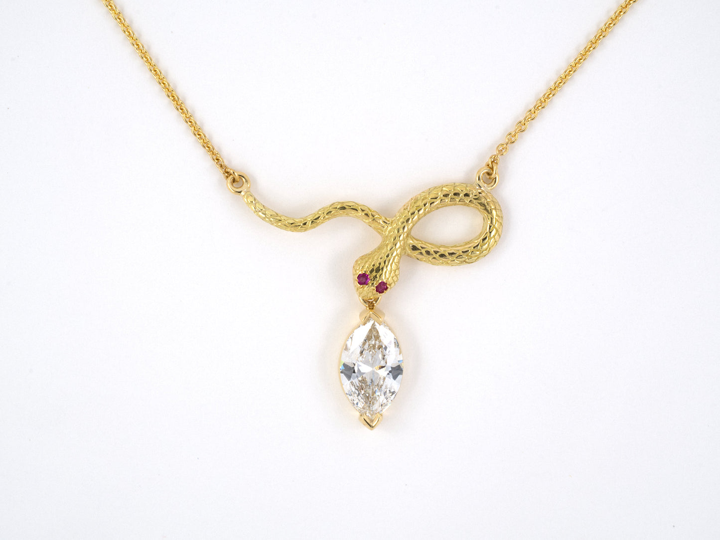 45135 - SOLD - Gold GIA MQ Diamond Ruby Carved Snake Pendant Necklace