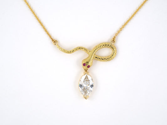 45135 - SOLD - Gold GIA MQ Diamond Ruby Carved Snake Pendant Necklace