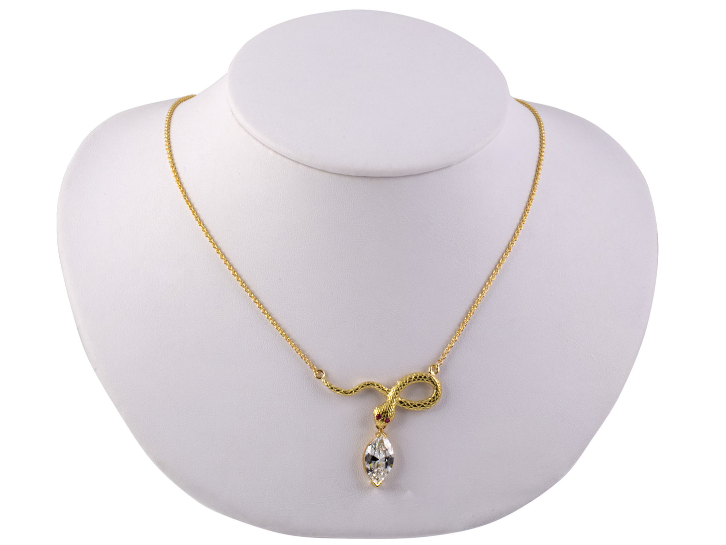 45135 - SOLD - Gold GIA MQ Diamond Ruby Carved Snake Pendant Necklace