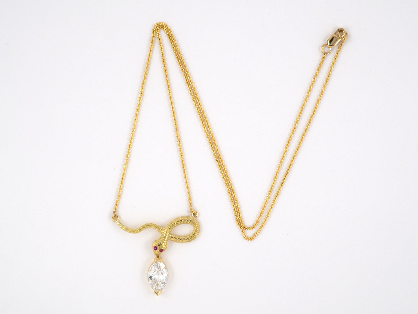45135 - SOLD - Gold GIA MQ Diamond Ruby Carved Snake Pendant Necklace