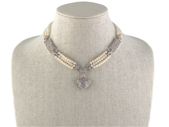 45140 - Gold Diamond Puffed Heart 3 Strand Pearl Necklace