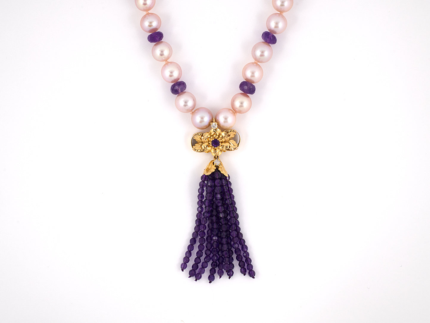 45146 - SOLD - Gold Diamond Amethyst Tassels Drop Pendant Rose Pink Pearl Necklace