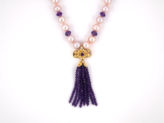 45146 - SOLD - Gold Diamond Amethyst Tassels Drop Pendant Rose Pink Pearl Necklace