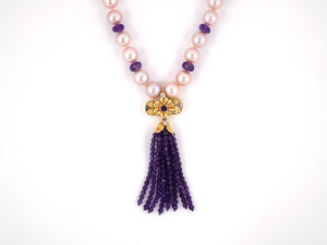 45146 - Gold Diamond Amethyst Tassels Drop Pendant Rose Pink Pearl Necklace