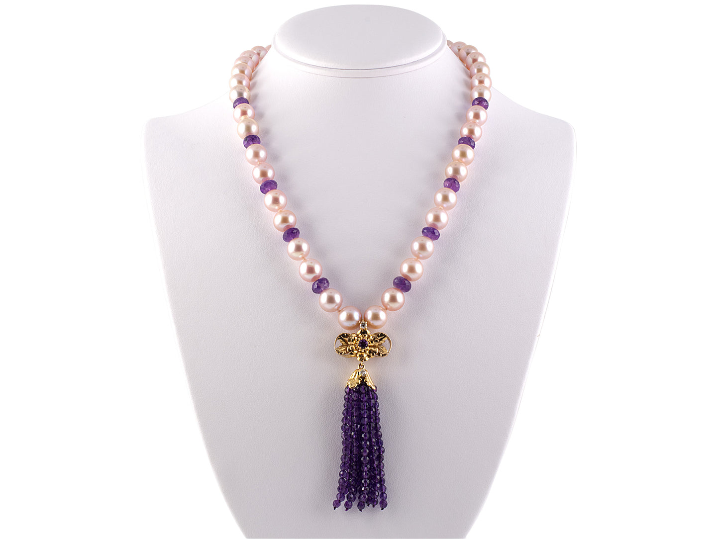 45146 - SOLD - Gold Diamond Amethyst Tassels Drop Pendant Rose Pink Pearl Necklace
