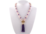 45146 - Gold Diamond Amethyst Tassels Drop Pendant Rose Pink Pearl Necklace