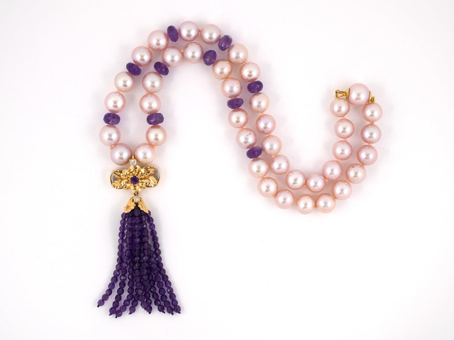 45146 - SOLD - Gold Diamond Amethyst Tassels Drop Pendant Rose Pink Pearl Necklace