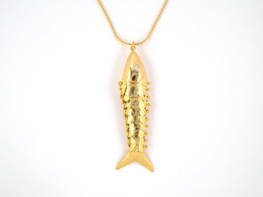 45149 - SOLD - Circa 1950 Gold Diamond Fish Pendant Necklace