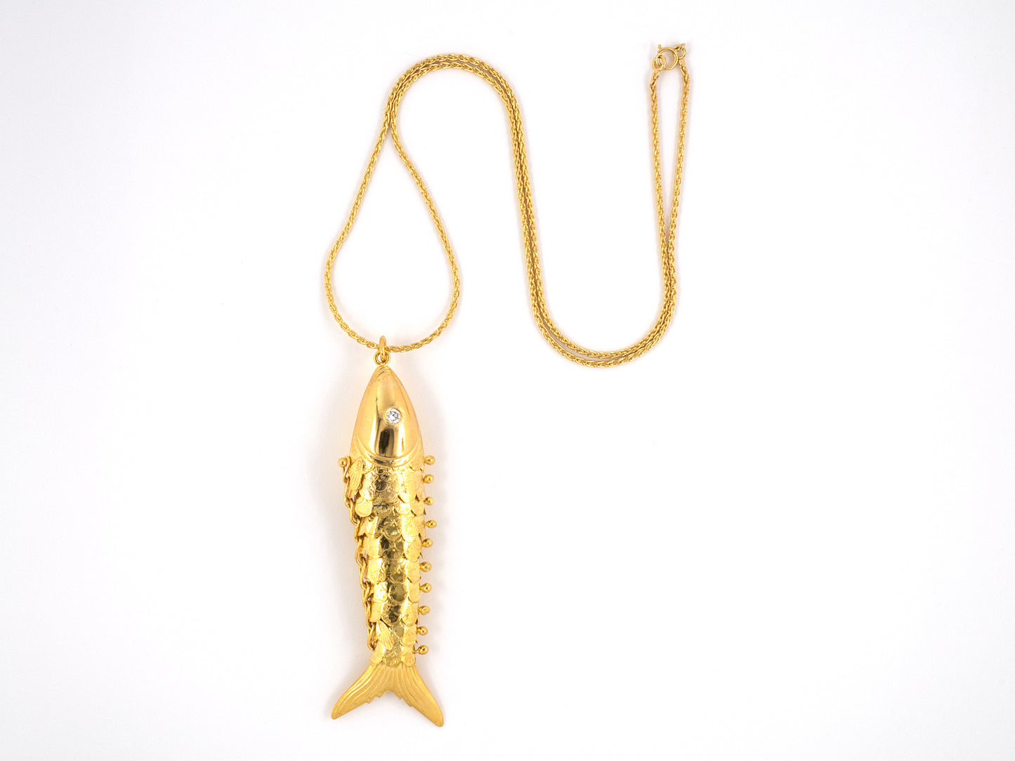 45149 - SOLD - Circa 1950 Gold Diamond Fish Pendant Necklace
