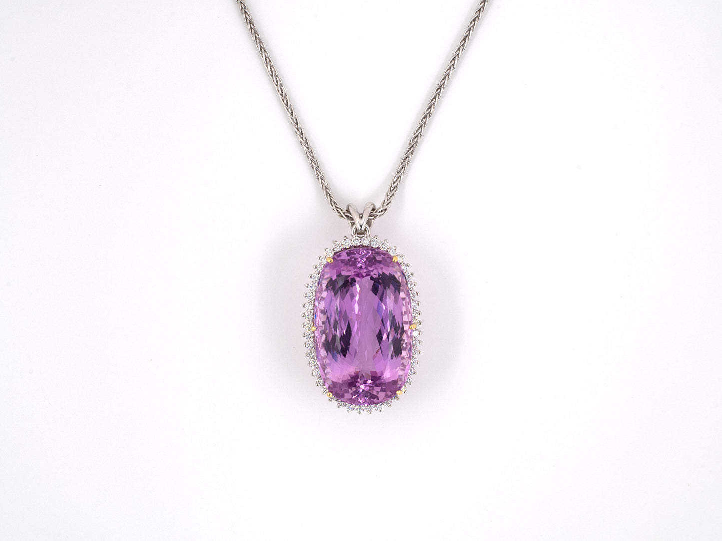 45154 - Gold Kunzite Diamond Oval Cluster Pendant Necklace