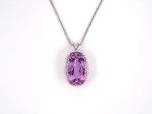 45154 - Gold Kunzite Diamond Oval Cluster Pendant Necklace