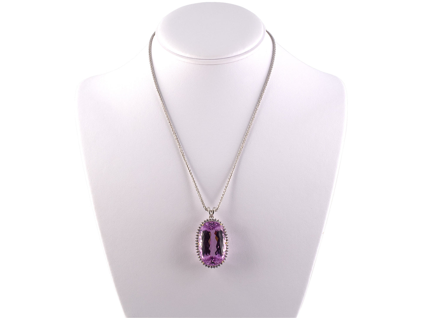 45154 - Gold Kunzite Diamond Oval Cluster Pendant Necklace