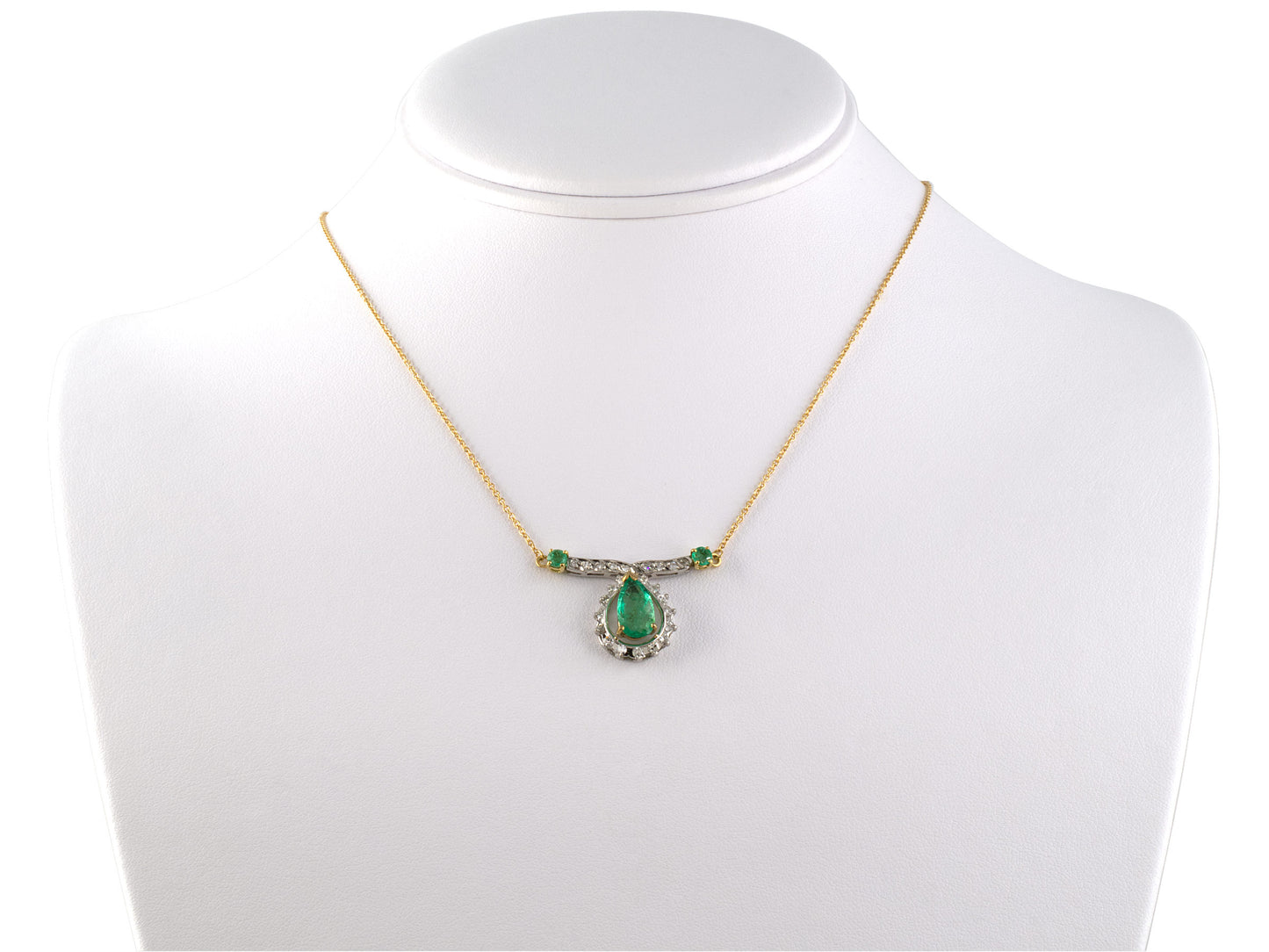 45166 - SOLD - Platinum Gold Diamond Emerald Pear Shape Cluster Pendant Necklace