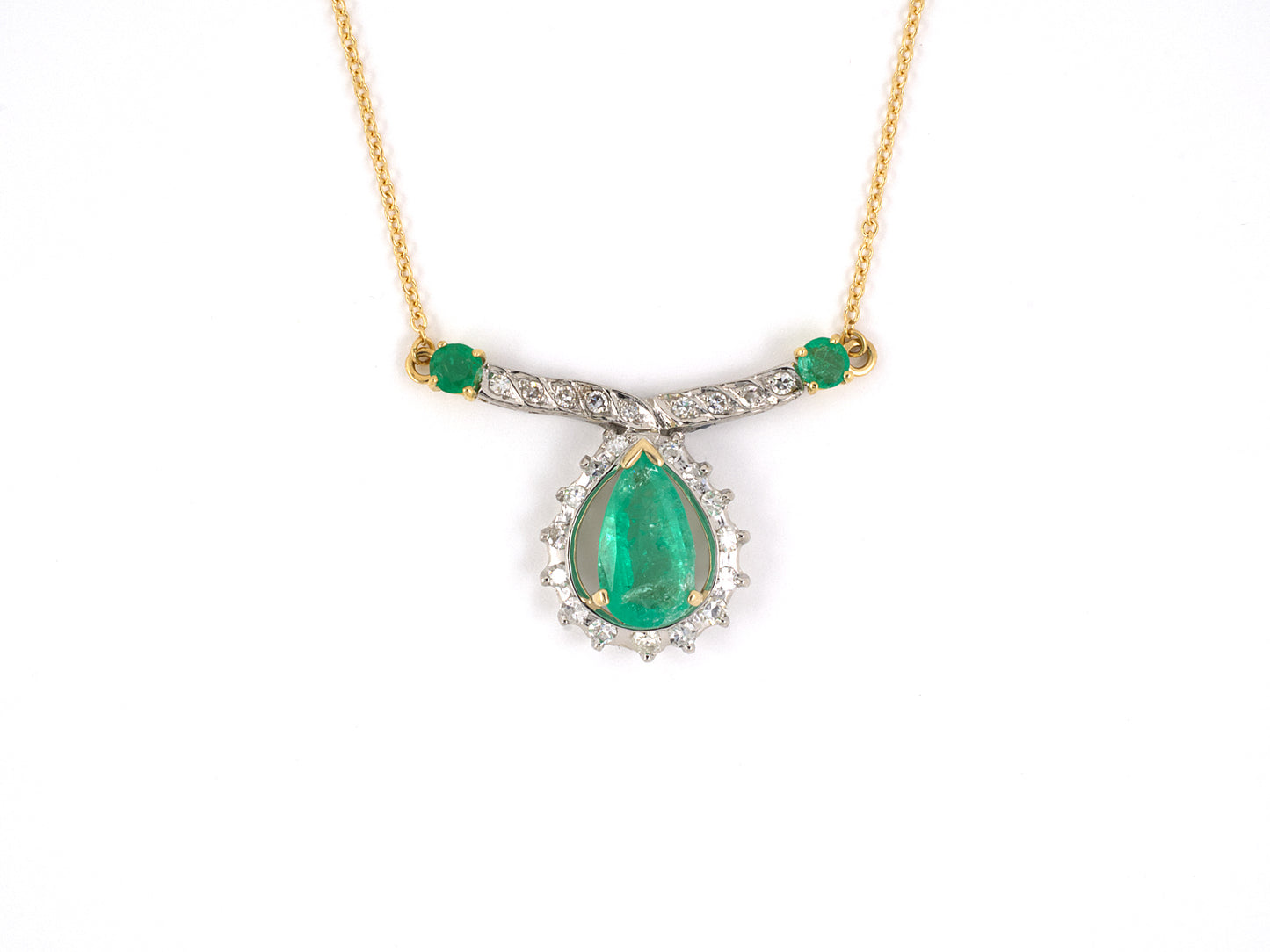 45167 - SOLD - Platinum Gold Diamond Emerald Pear Shape Cluster Pendant Necklace