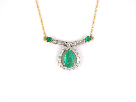 45167 - SOLD - Platinum Gold Diamond Emerald Pear Shape Cluster Pendant Necklace