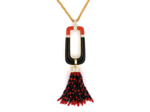 45170 - SOLD - Gold Diamond Onyx Coral Tassel Pendant Necklace