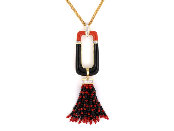 45170 - SOLD - Gold Diamond Onyx Coral Tassel Pendant Necklace