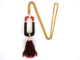 45170 - SOLD - Gold Diamond Onyx Coral Tassel Pendant Necklace